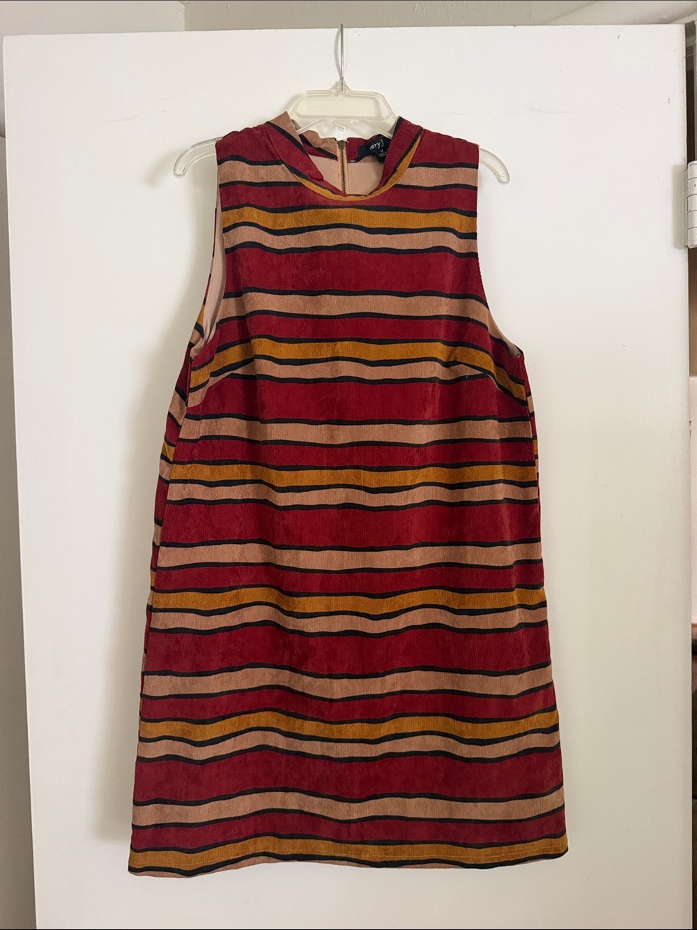 Striped Sleeveless Shift Dress in Burgundy and Tan